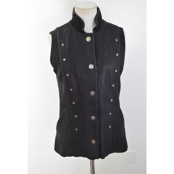 Tribe America Leather Vest Womens 6 Native Beaded Fringe Western Cowgirl Black - Picture 1 of 8